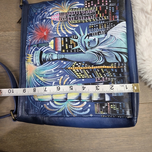 Anuschka Hand Painted Lady Liberty Statue Blue New York Cityscape Crossbody Bag - Picture 11 of 16